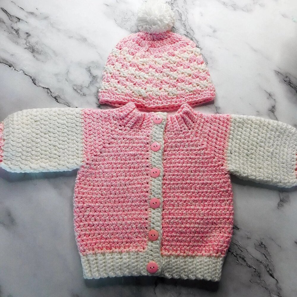 Crochet Baby Sweater & Hat, Handmade Girls Sweater, Baby Shower Gift, Cardigan